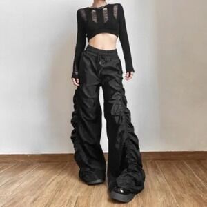 Y2k Kpopstyle Style Gathered Drawstring Wide‎ Leg Cargo Pants Size M